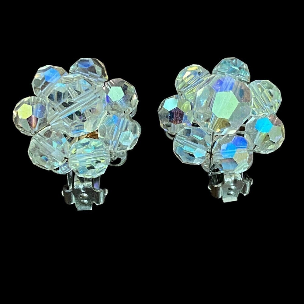 Vintage  Crystal Cluster Aurora Borealis Silver Tone Clip Earrings